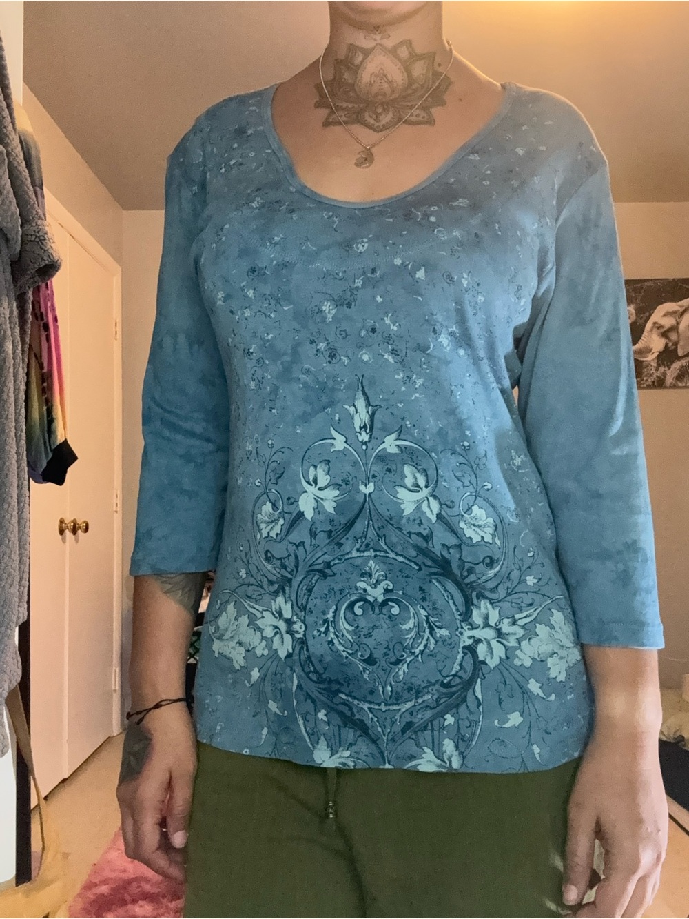 Women's Scoop Neck Long Sleeve Tee in Dusty Teal with Scroll Motif